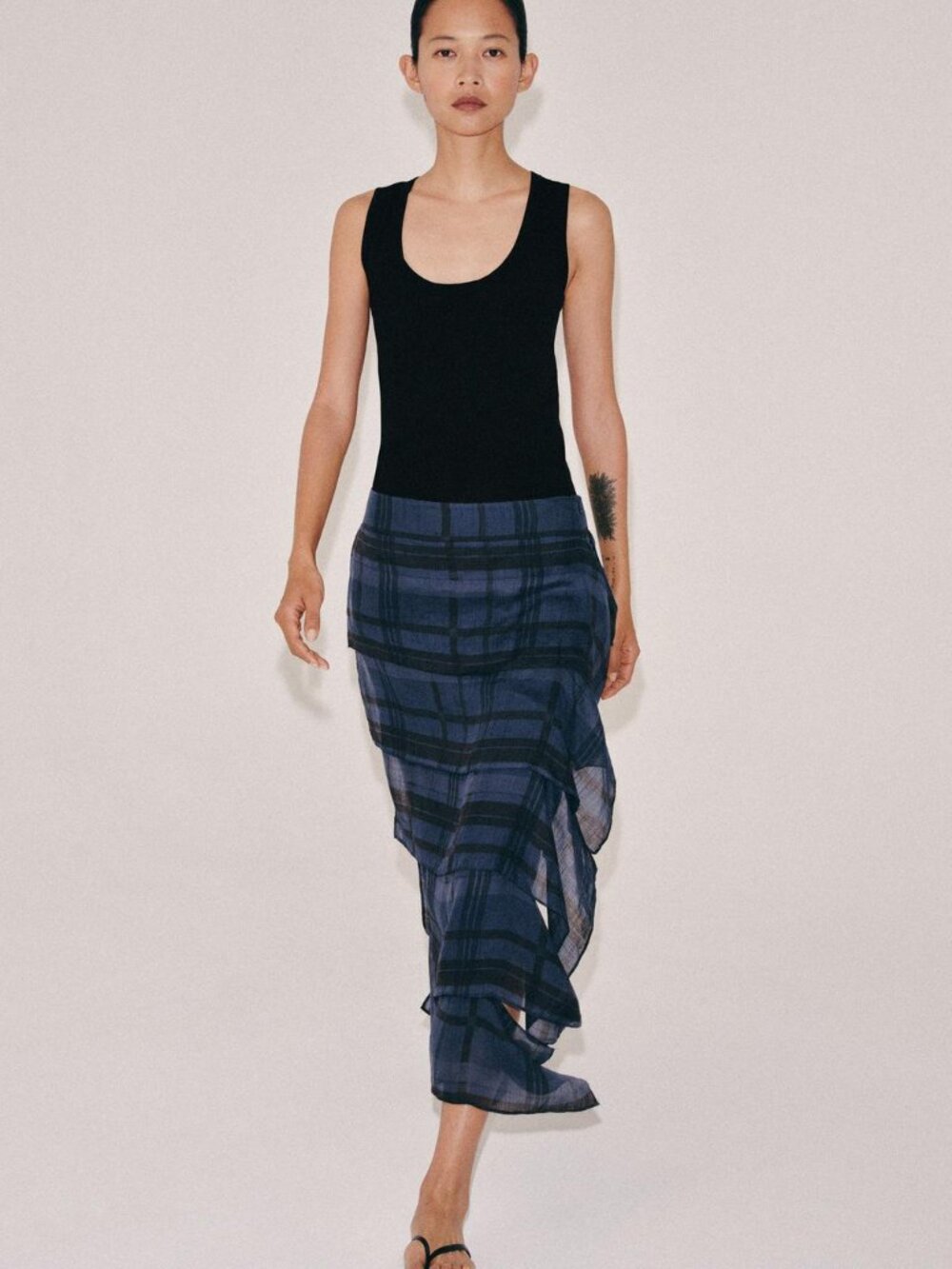 ZARA Ramie Plaid Midi Skirt ZW Collection - Medium